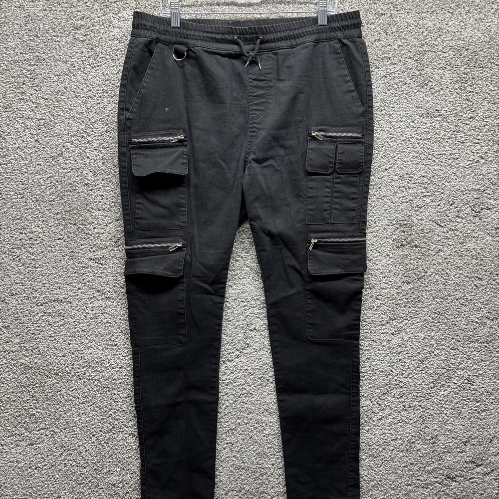 Hot Topic Black Cargo Pants Mens XL 36/38x30 Zip Pockets Drawstring Waist Grunge